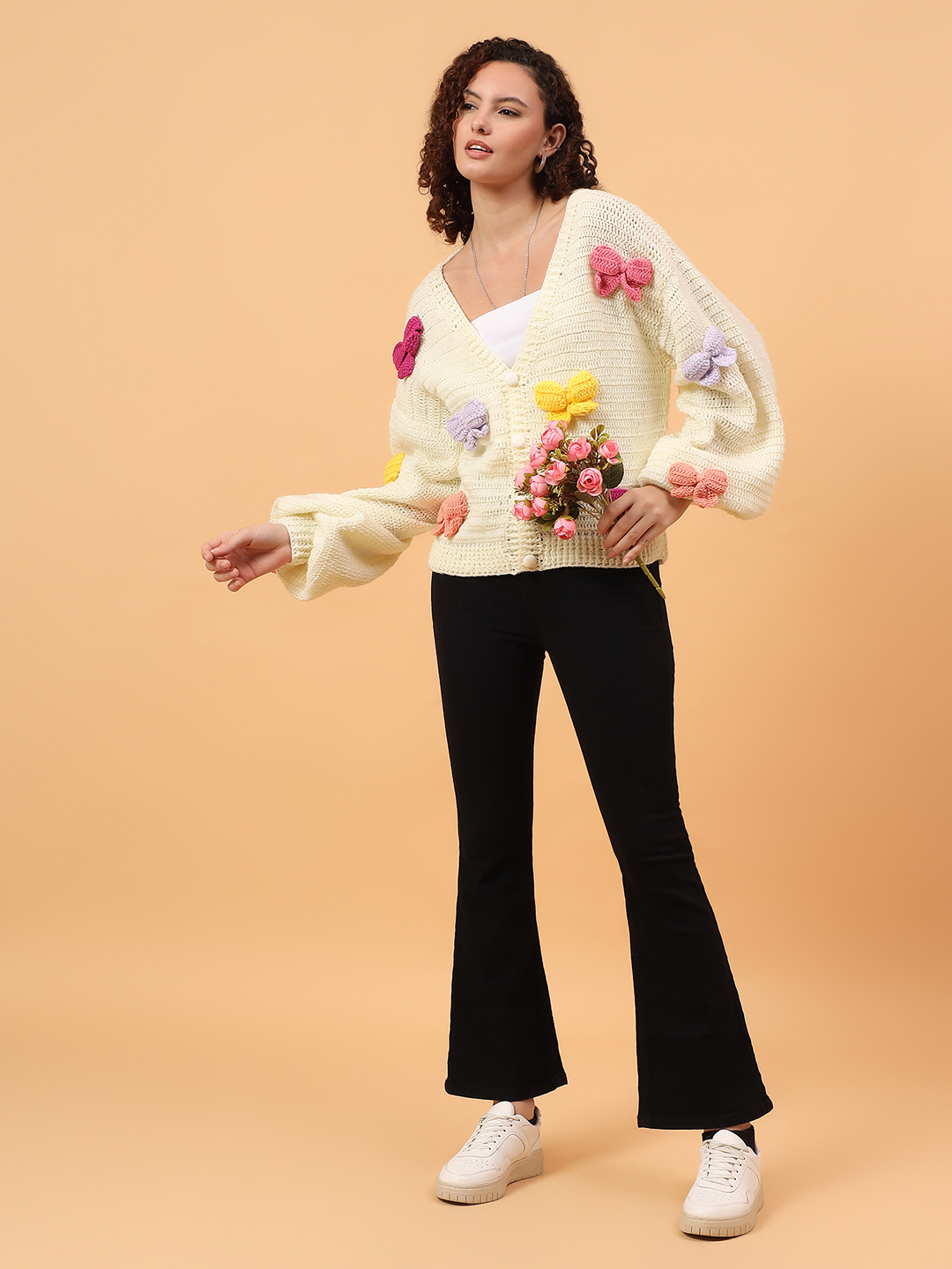 Velvery Crochet Bow Applique Cardigan - Cream