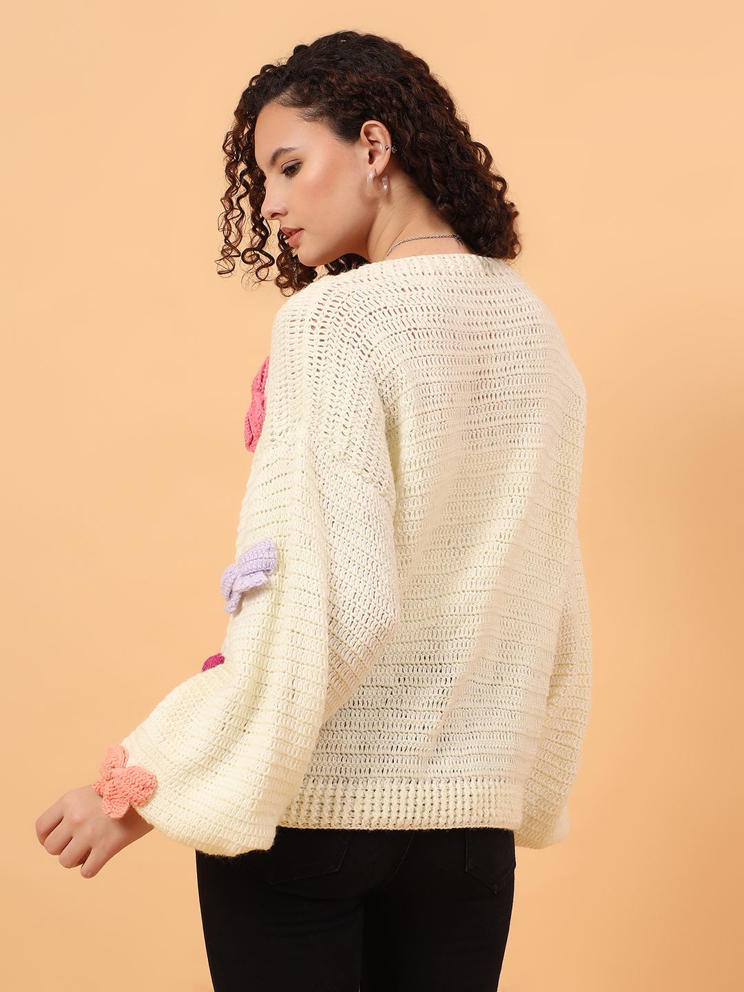 Velvery Crochet Bow Applique Cardigan - Cream