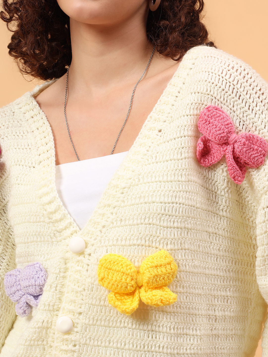 Velvery Crochet Bow Applique Cardigan - Cream