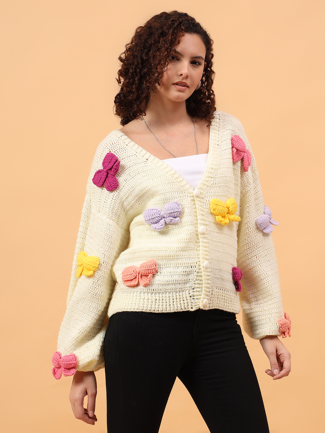 Velvery Crochet Bow Applique Cardigan - Cream