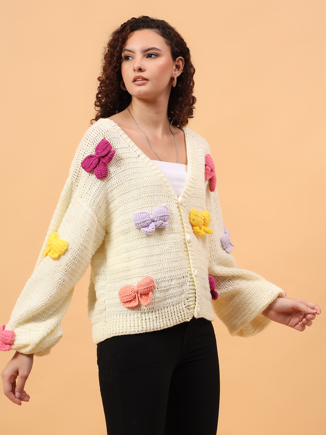 Velvery Crochet Bow Applique Cardigan - Cream