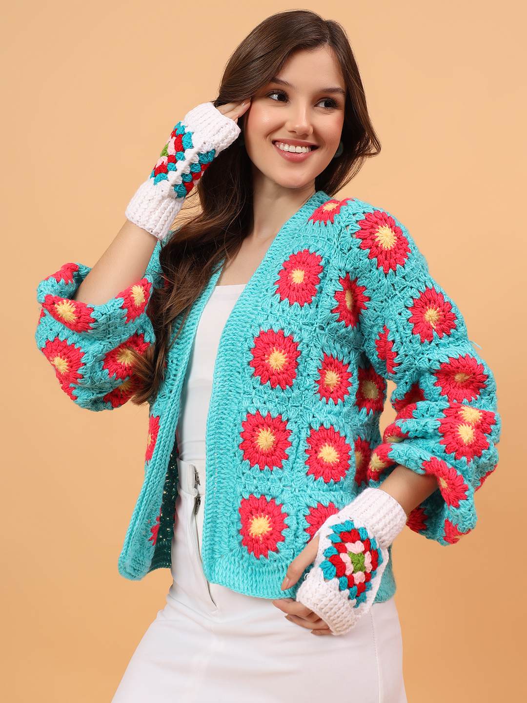Velvery Crochet Floral Cardigan - Green