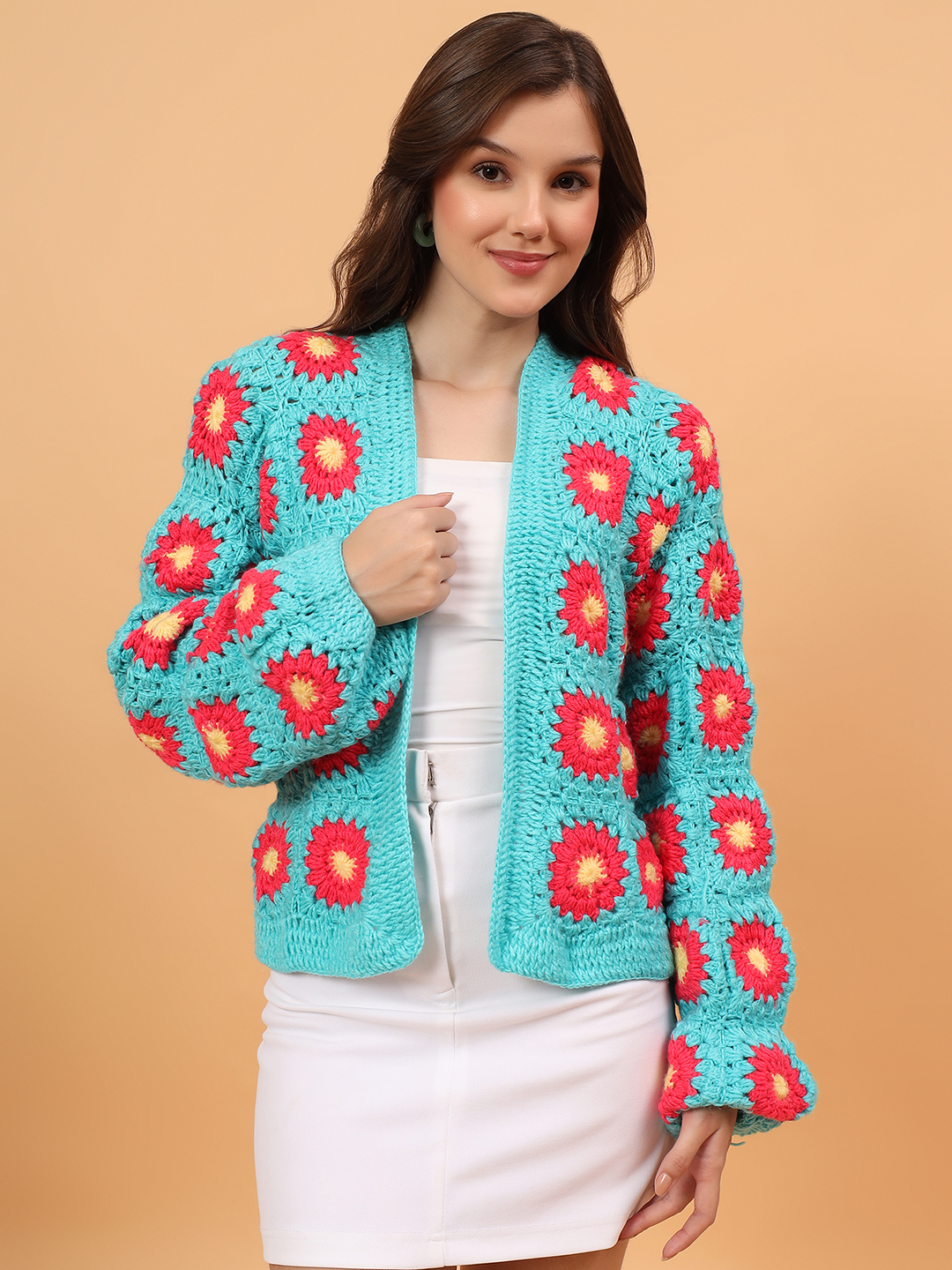 Velvery Crochet Floral Cardigan - Green