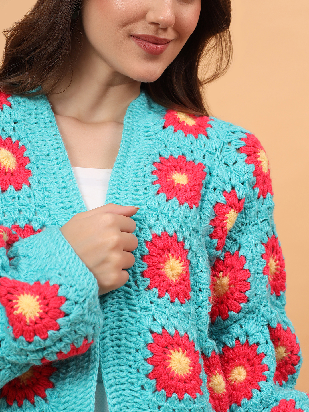 Velvery Crochet Floral Cardigan - Green