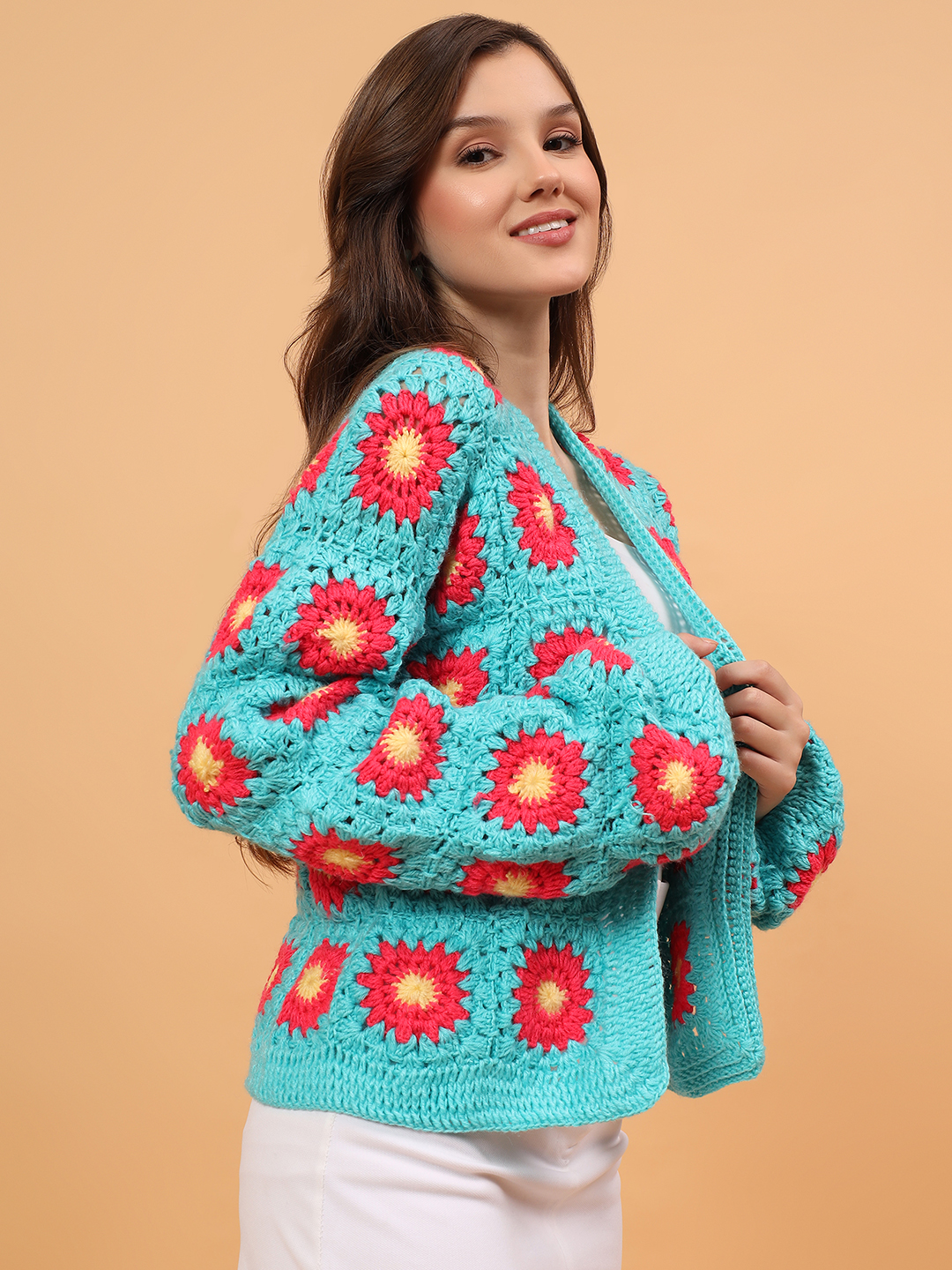 Velvery Crochet Floral Cardigan - Green