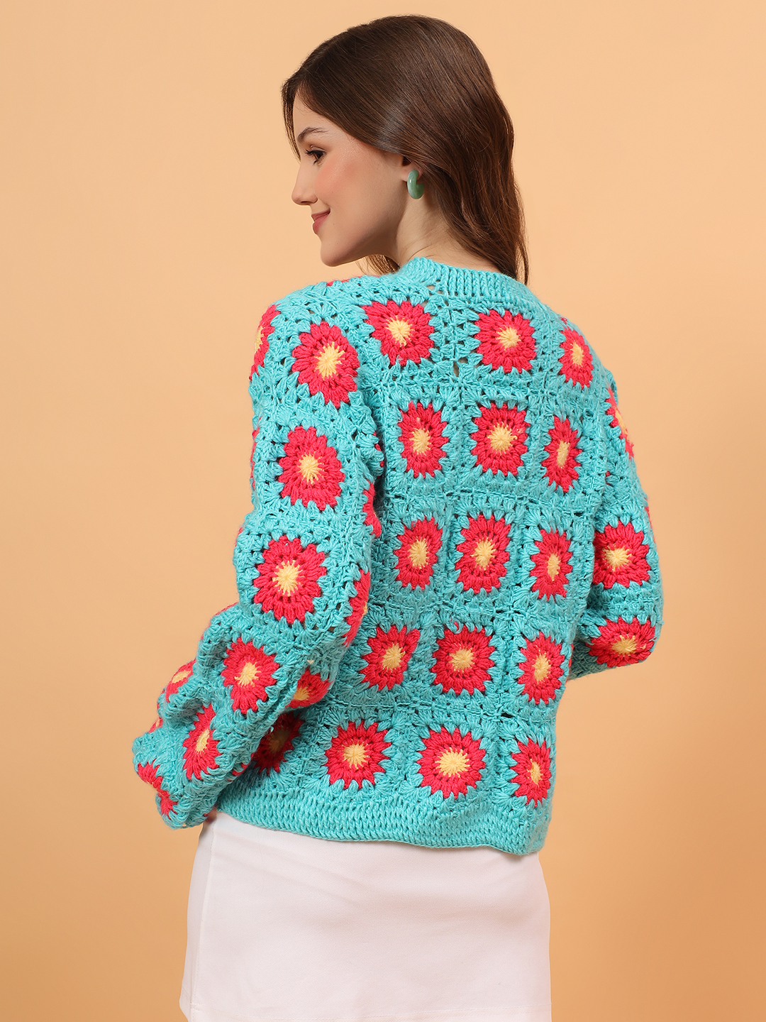 Velvery Crochet Floral Cardigan - Green