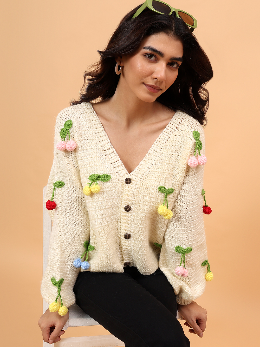 Velvery Crochet Colorful Cherry Cardigan - Cream