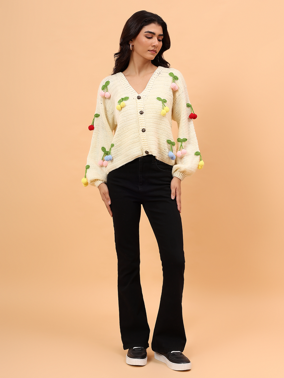 Velvery Crochet Colorful Cherry Cardigan - Cream
