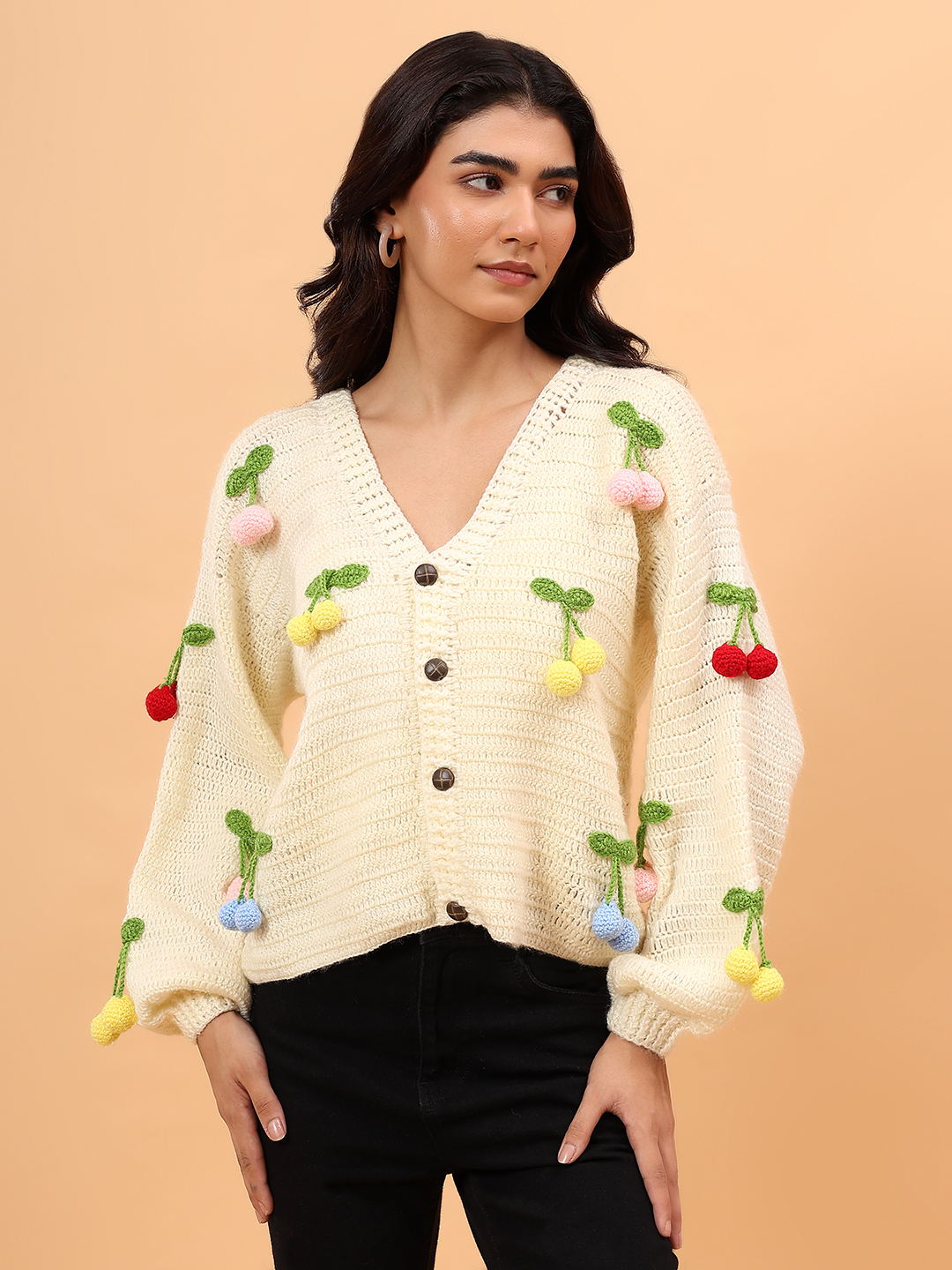 Velvery Crochet Colorful Cherry Cardigan - Cream