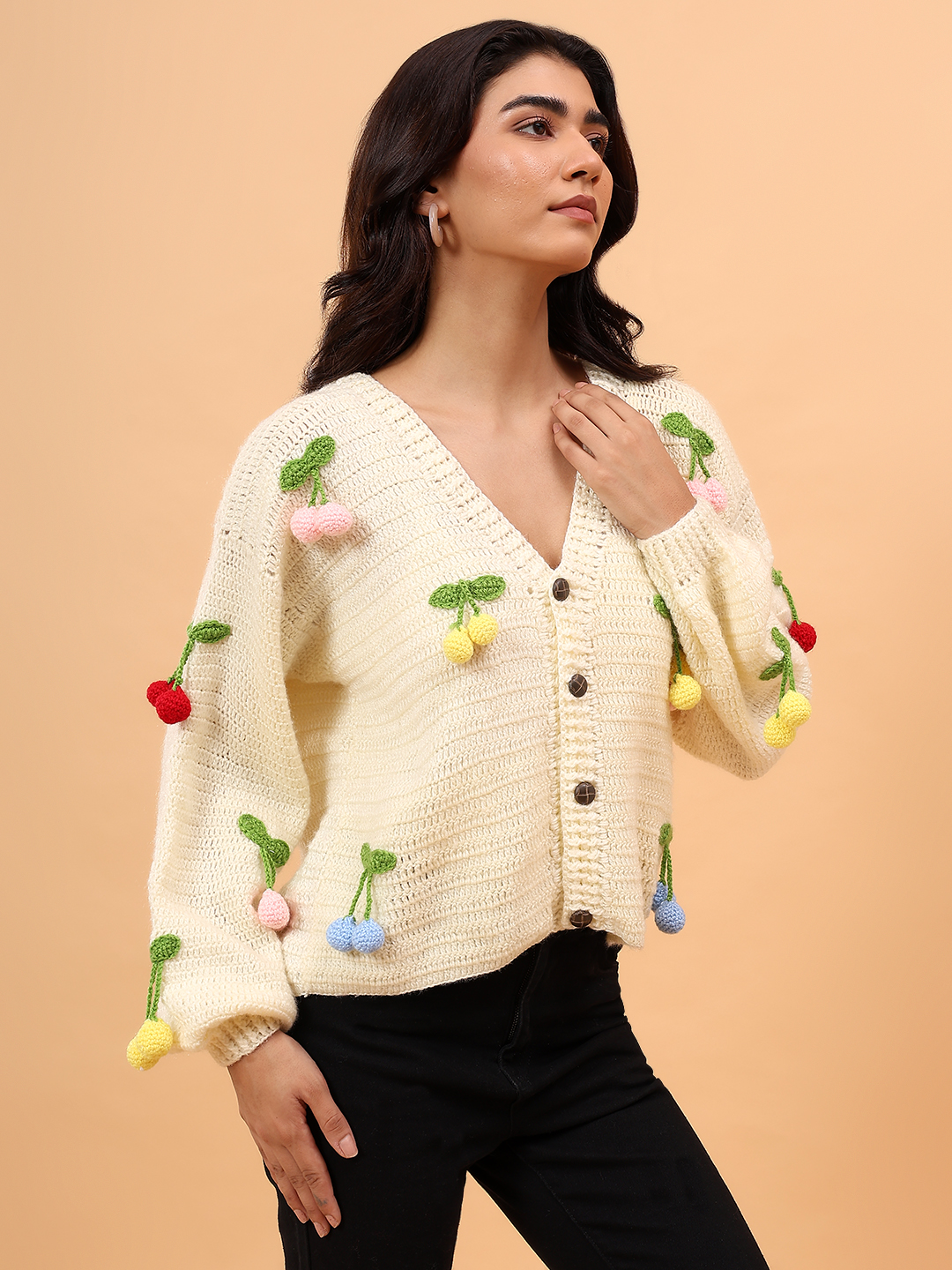 Velvery Crochet Colorful Cherry Cardigan - Cream