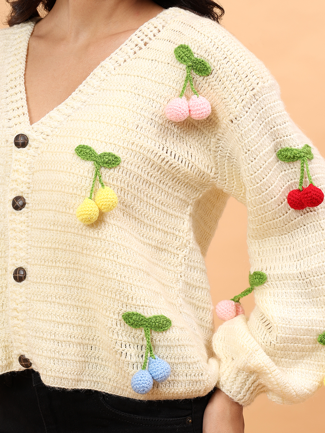 Velvery Crochet Colorful Cherry Cardigan - Cream