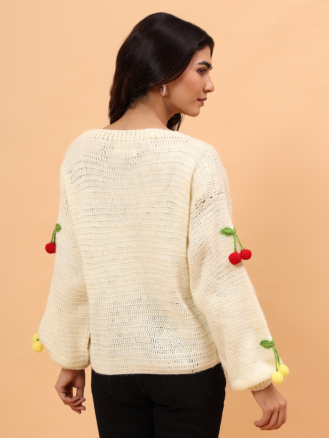 Velvery Crochet Colorful Cherry Cardigan - Cream