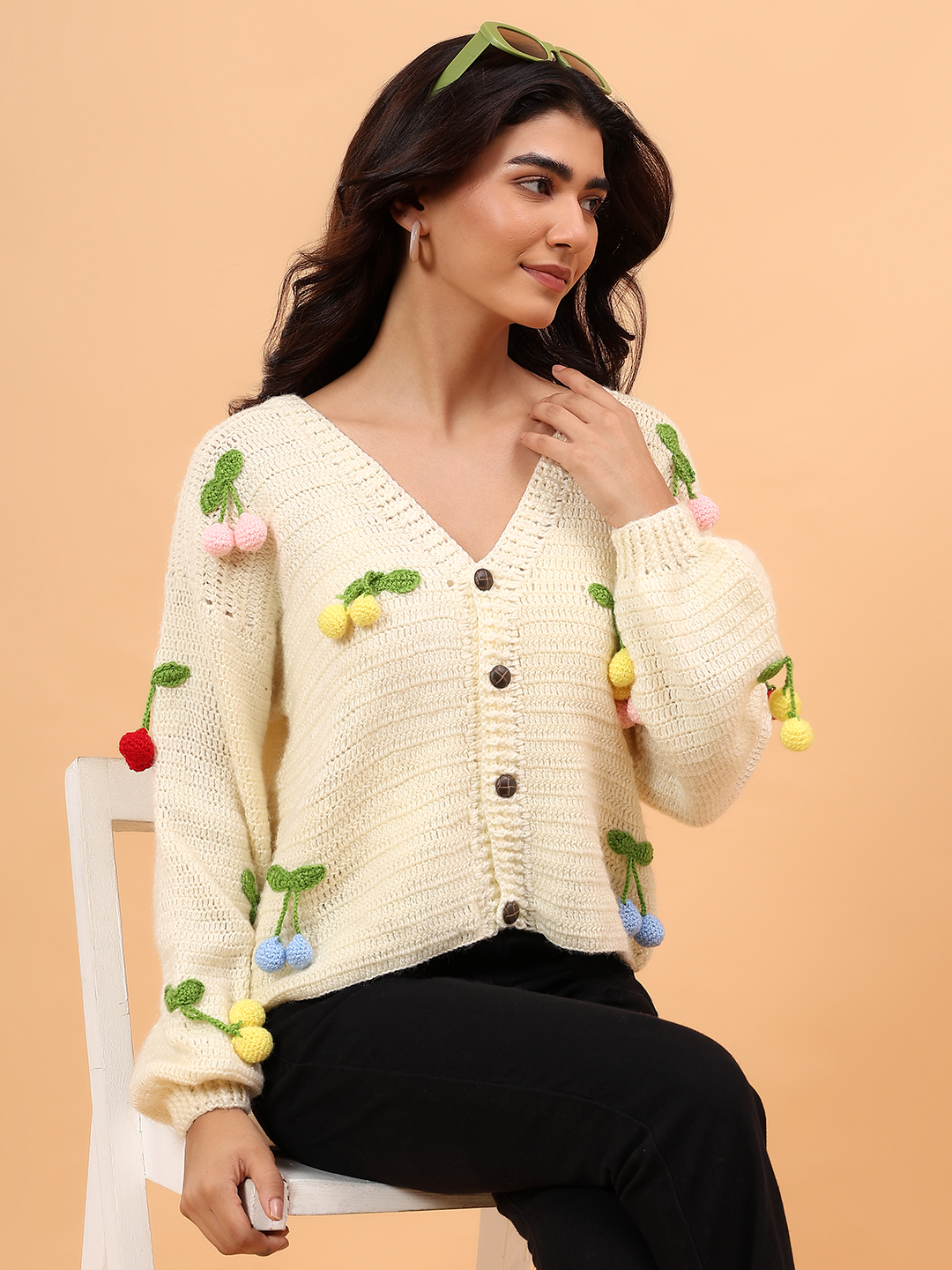 Velvery Crochet Colorful Cherry Cardigan - Cream