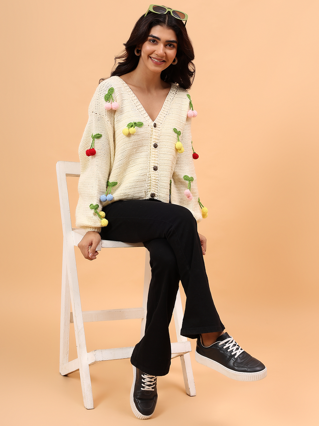 Velvery Crochet Colorful Cherry Cardigan - Cream