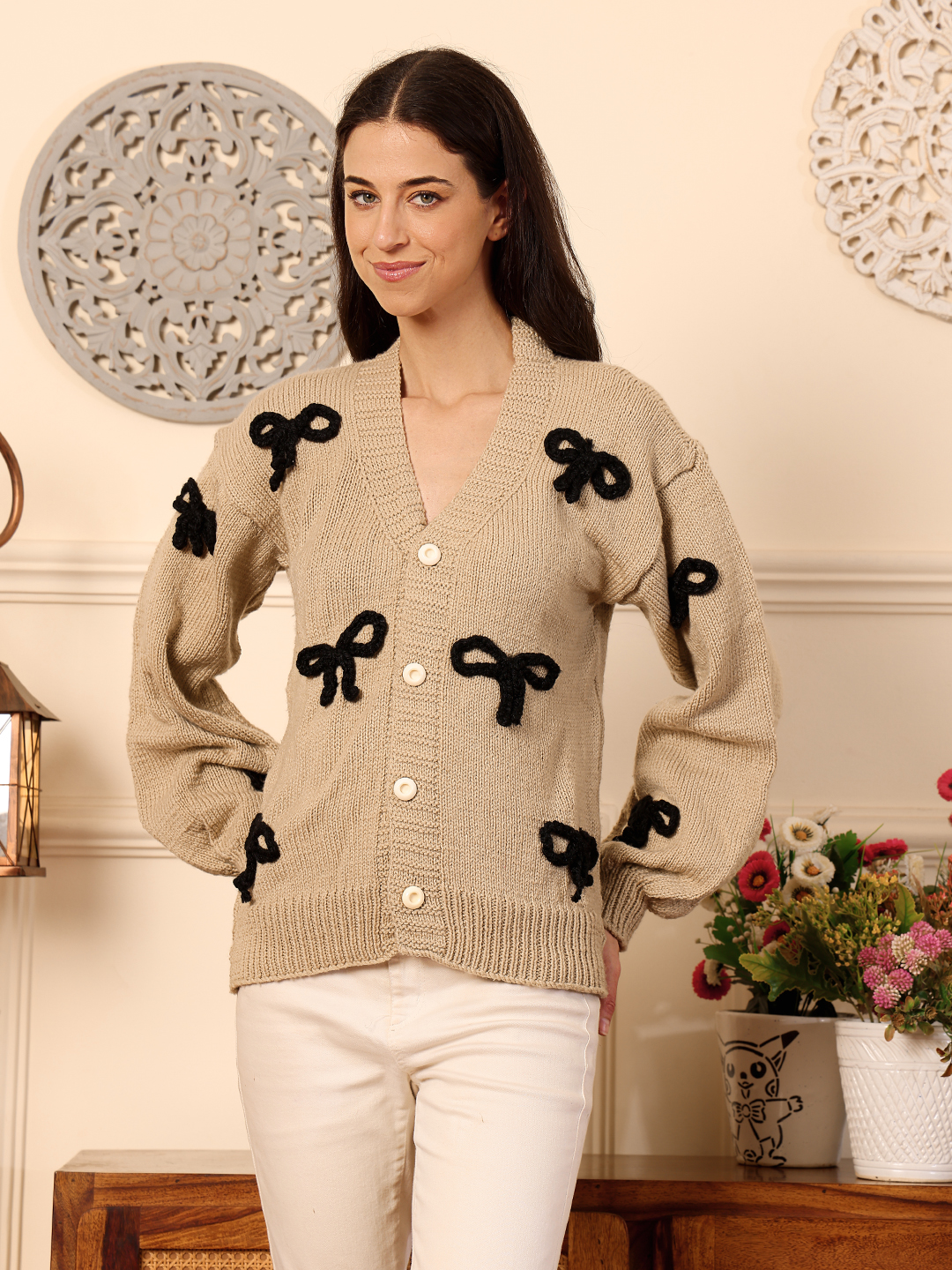 Velvery Black Bow Applique Cardigan - Beige
