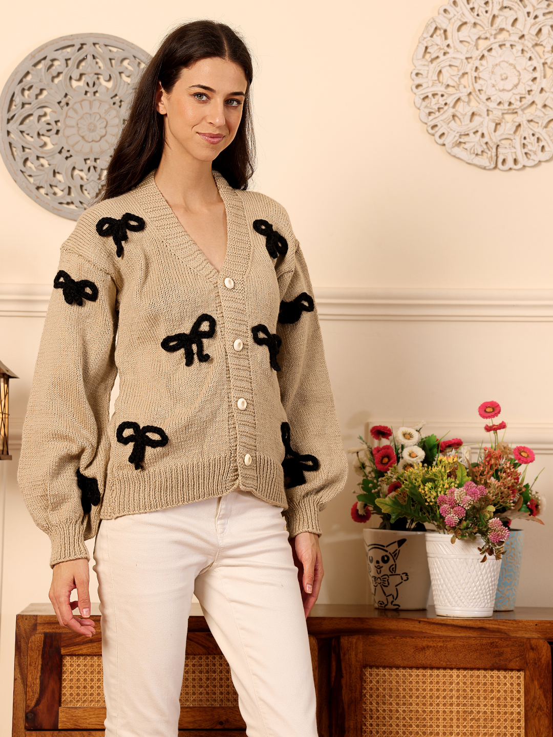 Velvery Black Bow Applique Cardigan - Beige