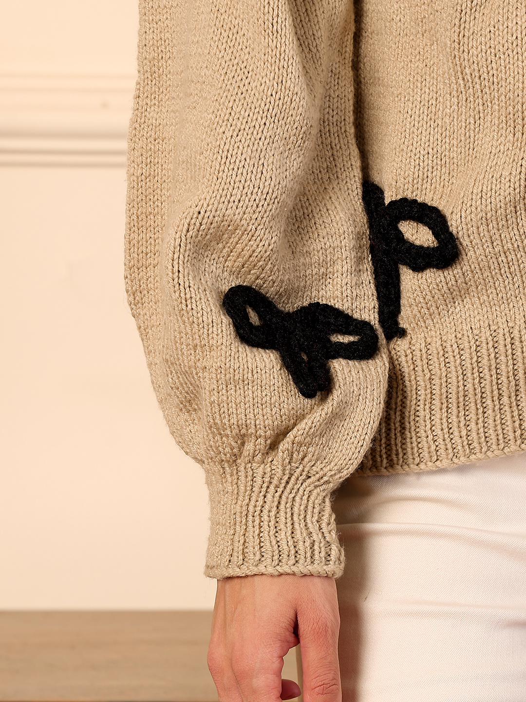 Velvery Black Bow Applique Cardigan - Beige