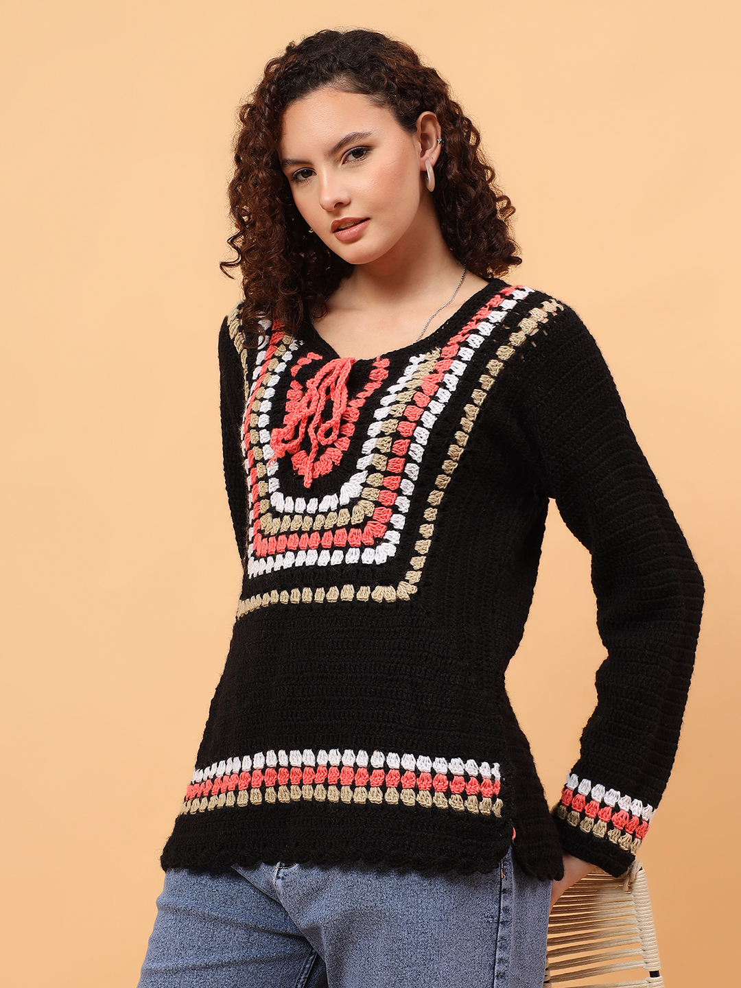 Velvery Crochet Drawstring Pullover Sweater - Multicolor