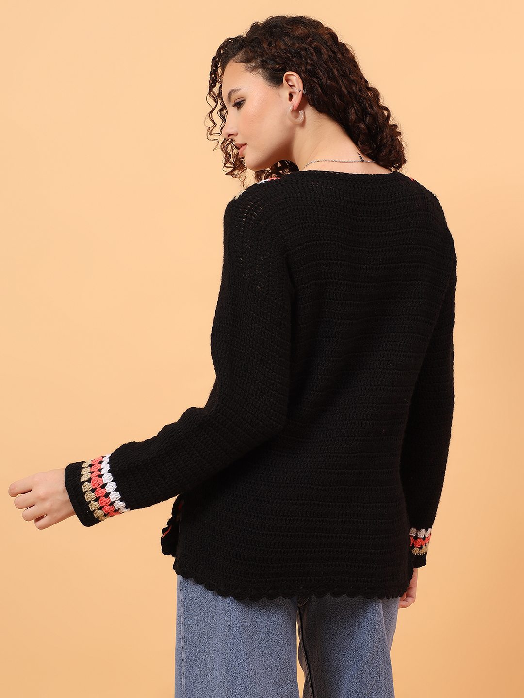 Velvery Crochet Drawstring Pullover Sweater - Multicolor