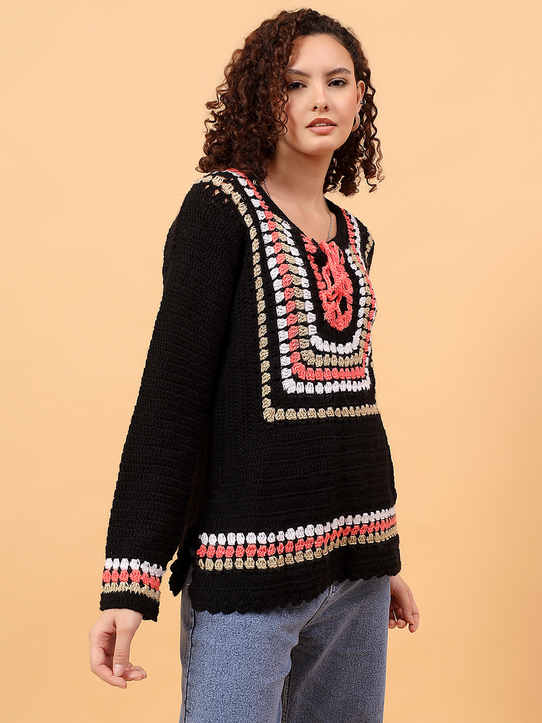 Velvery Crochet Drawstring Pullover Sweater - Multicolor