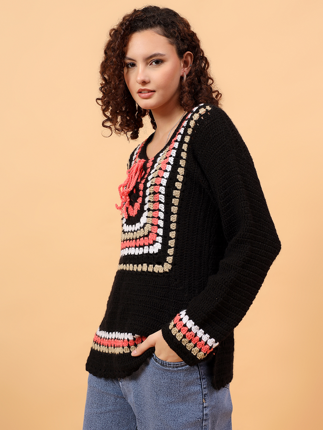 Velvery Crochet Drawstring Pullover Sweater - Multicolor