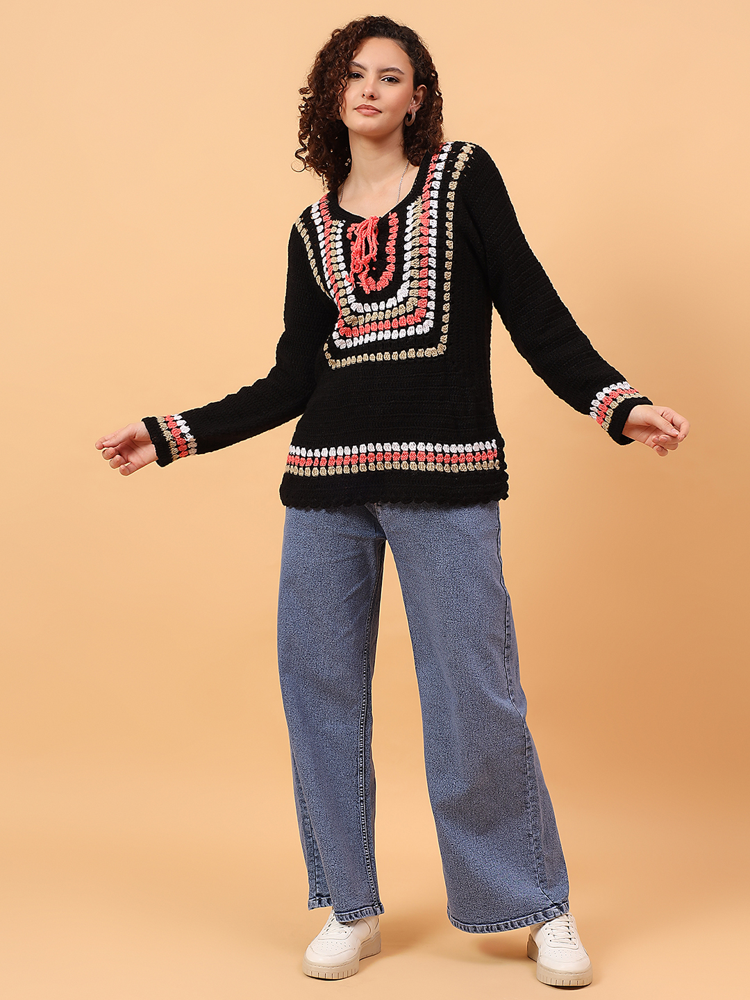 Velvery Crochet Drawstring Pullover Sweater - Multicolor