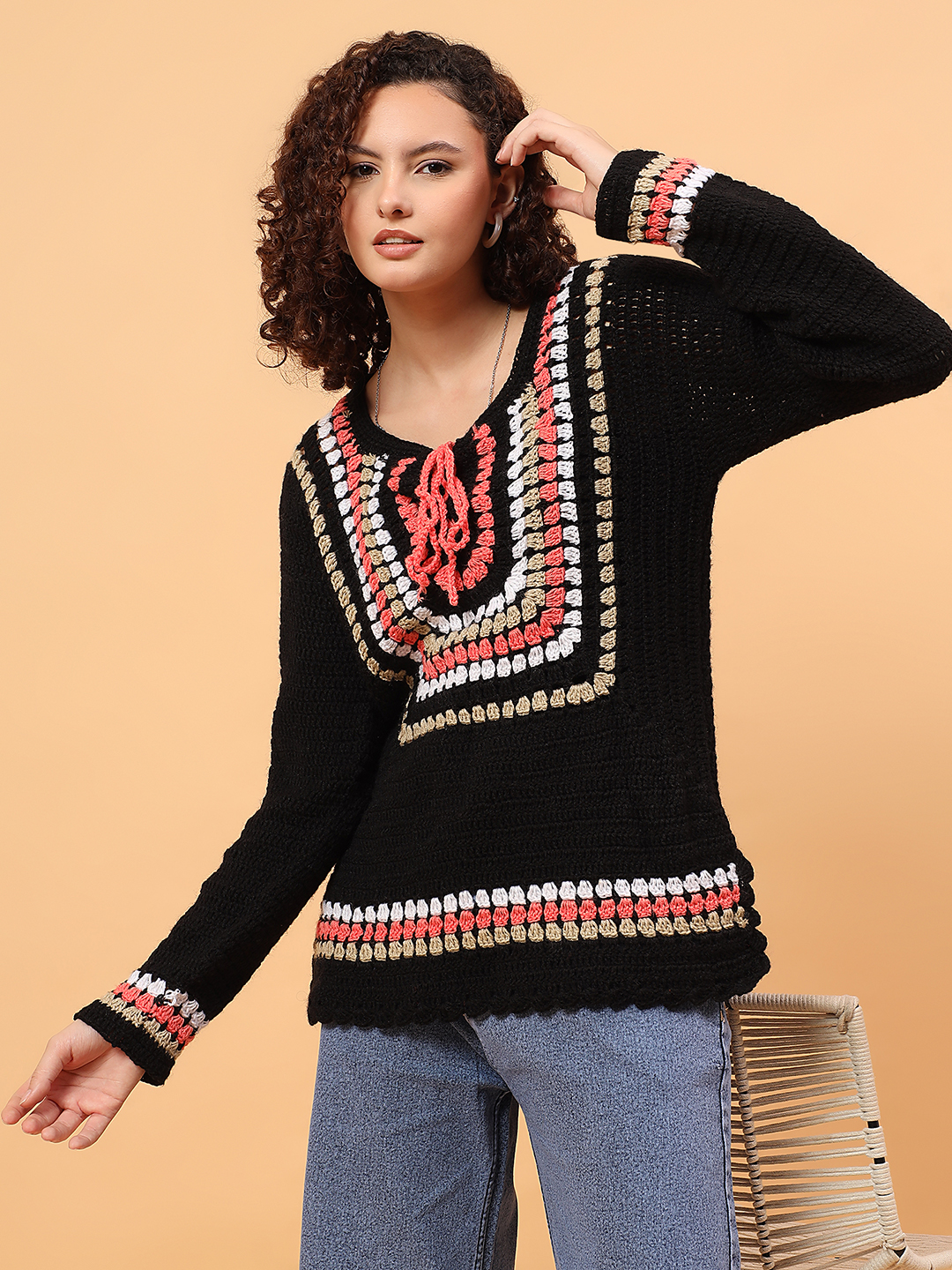 Velvery Crochet Drawstring Pullover Sweater - Multicolor