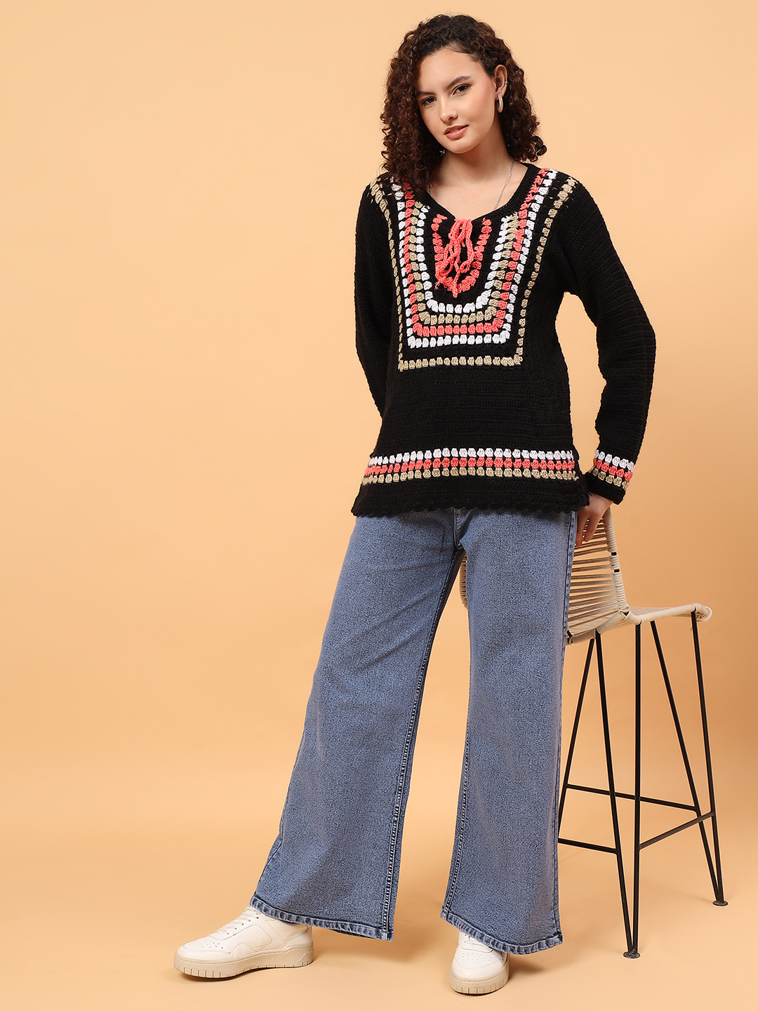 Velvery Crochet Drawstring Pullover Sweater - Multicolor