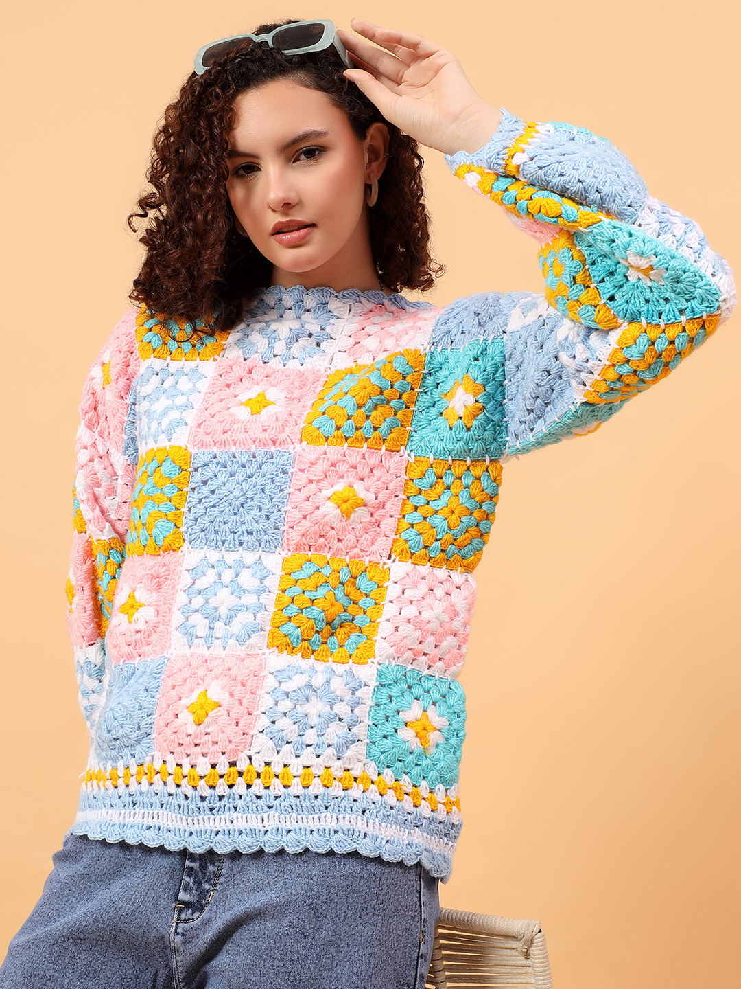 Velvery Crochet Pullover Sweater - Multicolor