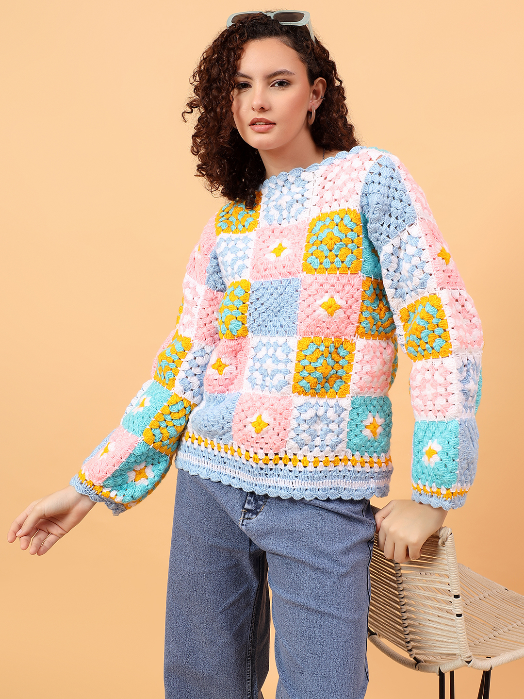 Velvery Crochet Pullover Sweater - Multicolor