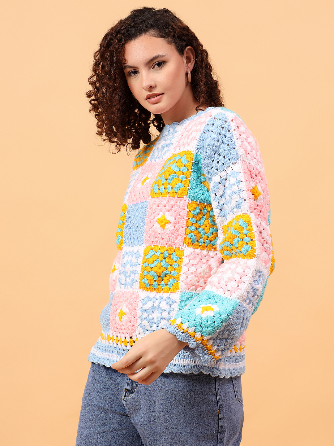 Velvery Crochet Pullover Sweater - Multicolor