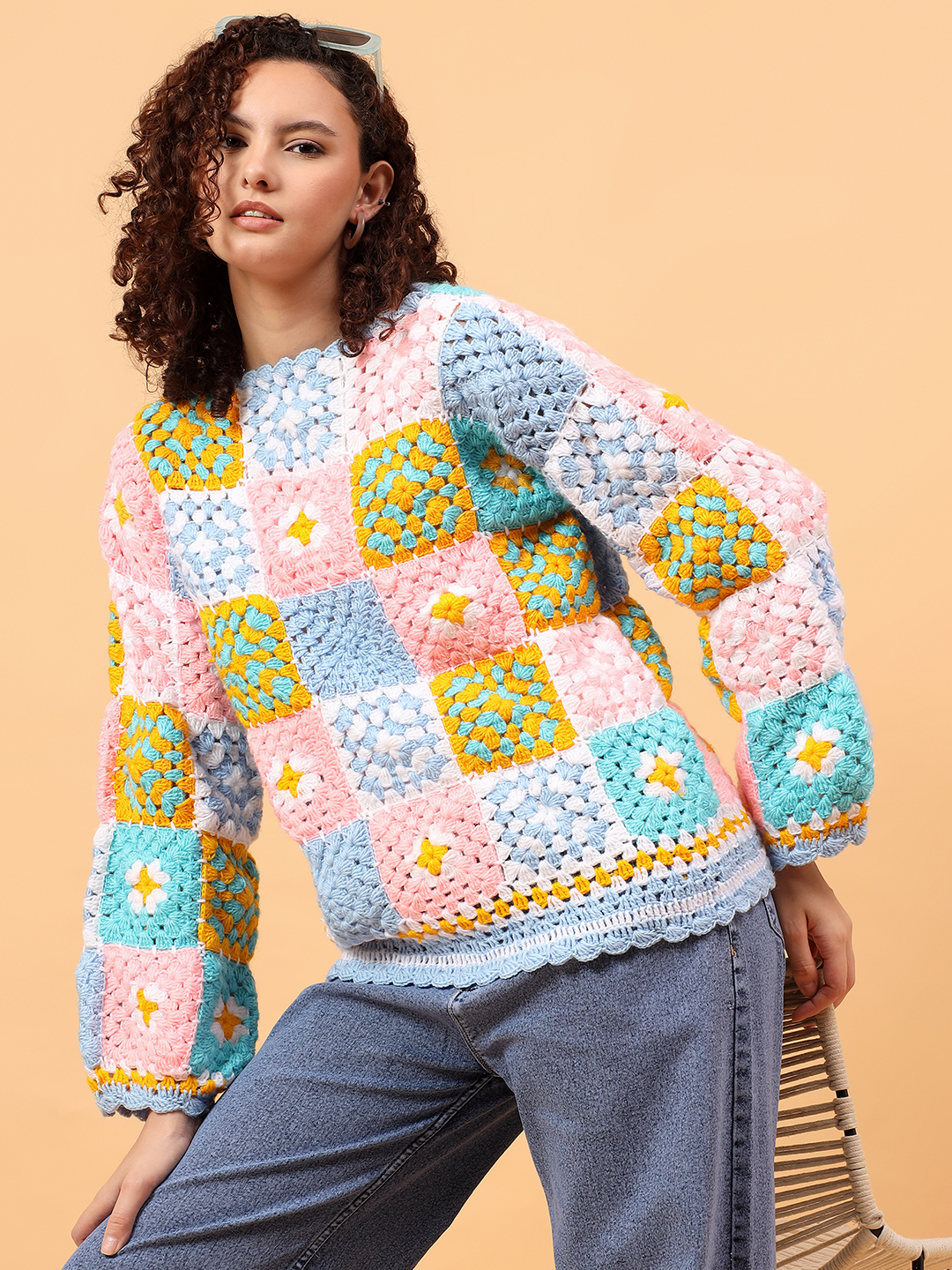 Velvery Crochet Pullover Sweater - Multicolor