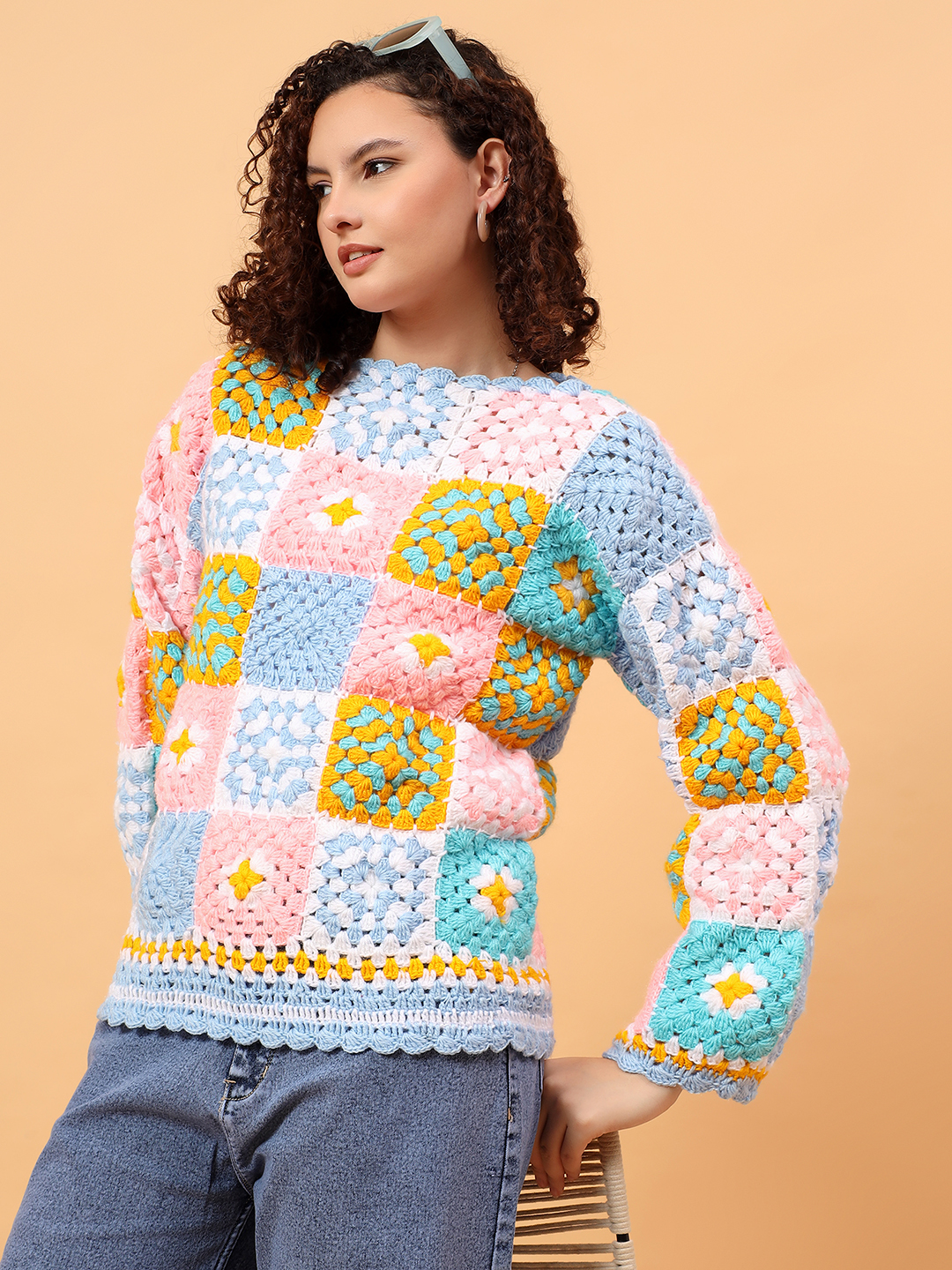 Velvery Crochet Pullover Sweater - Multicolor