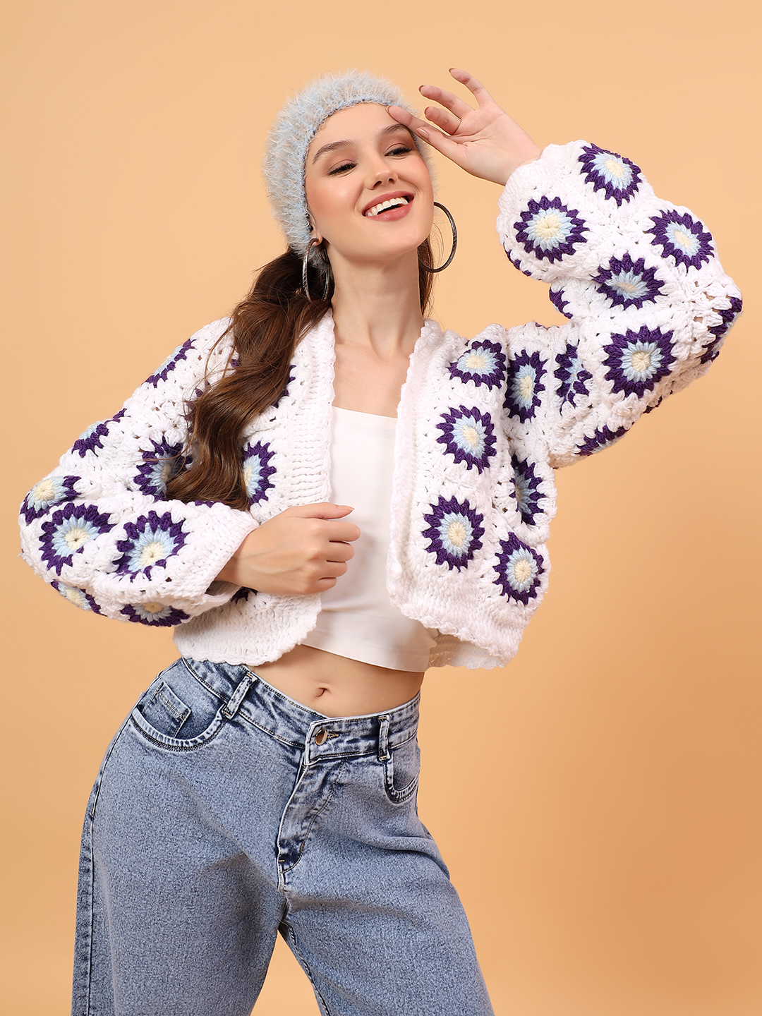 Velvery Crochet Granny Sqaure Cardigan - White