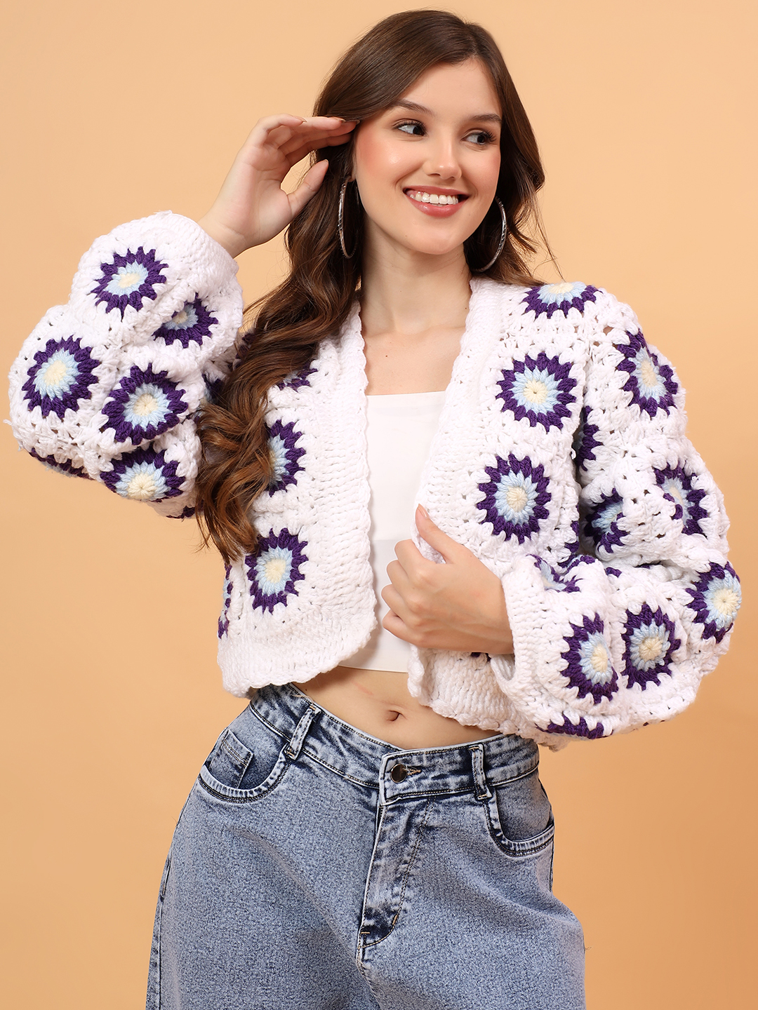Velvery Crochet Granny Sqaure Cardigan - White