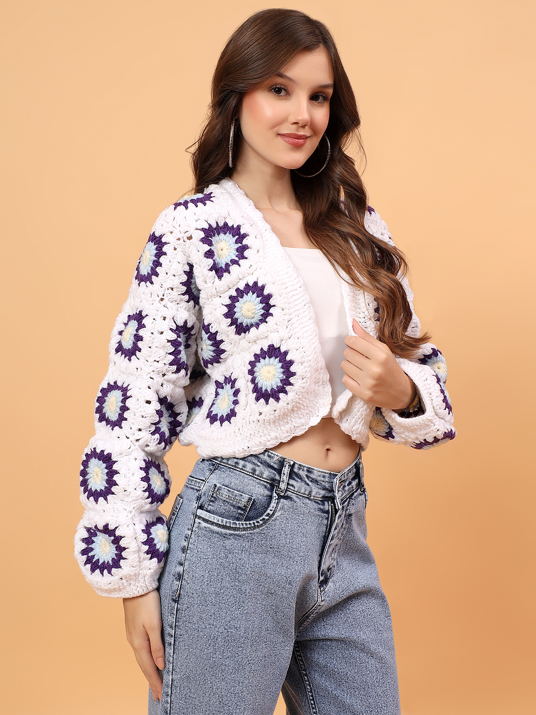Velvery Crochet Granny Sqaure Cardigan - White