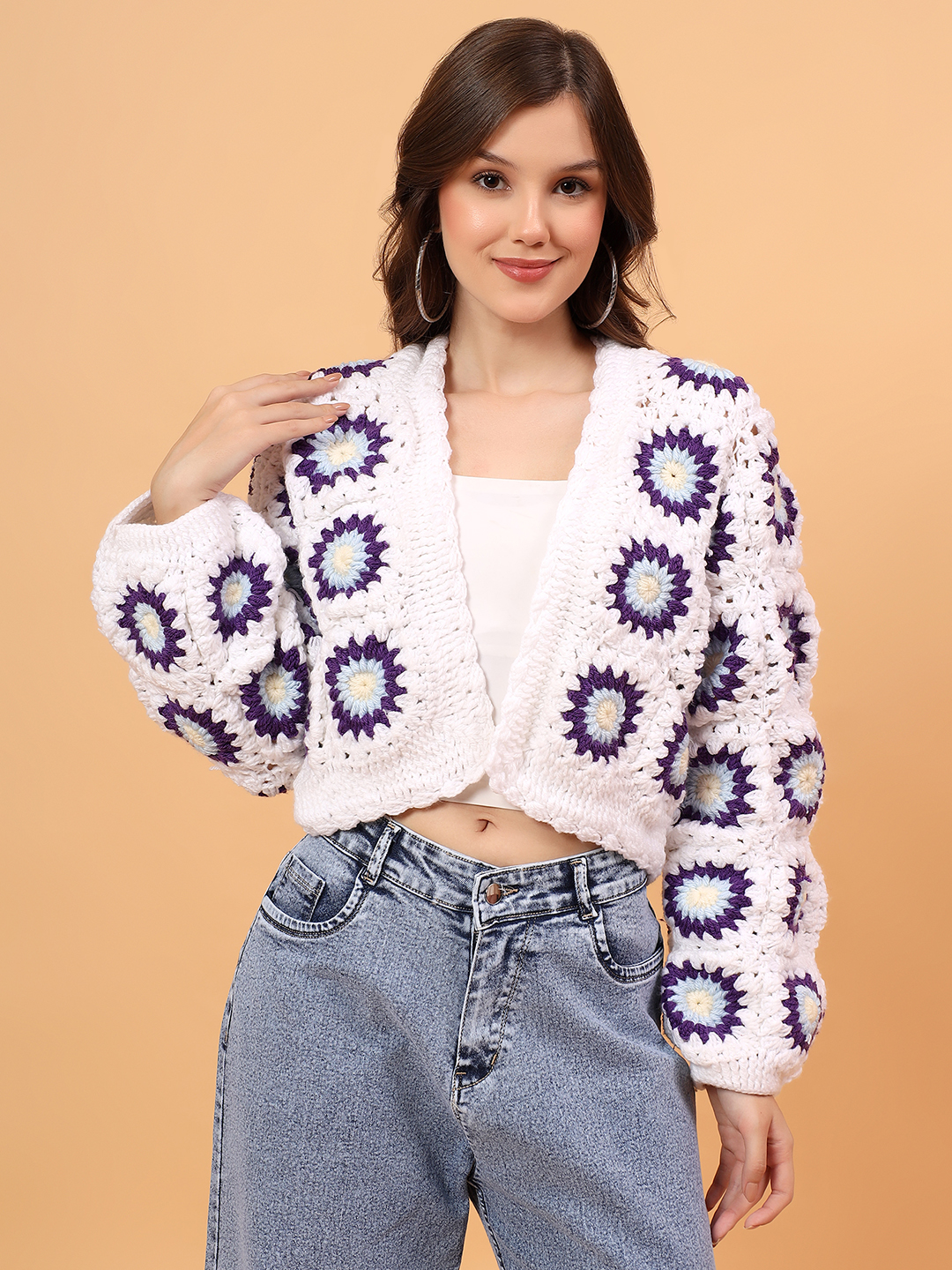 Velvery Crochet Granny Sqaure Cardigan - White