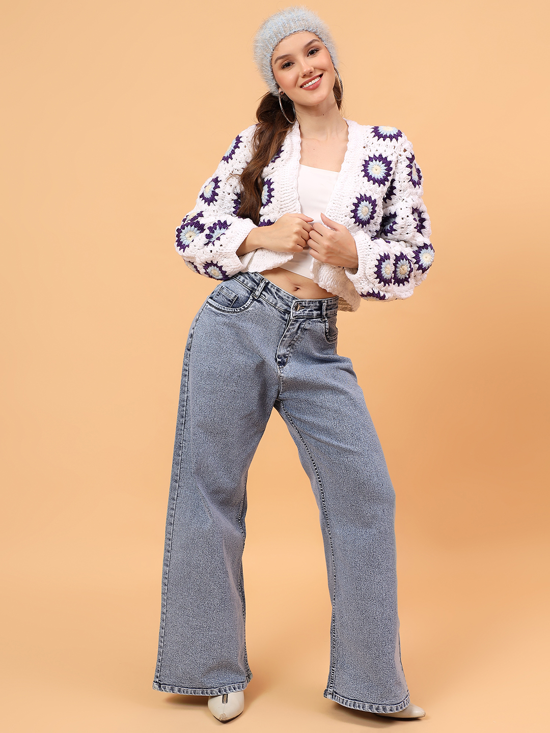 Velvery Crochet Granny Sqaure Cardigan - White