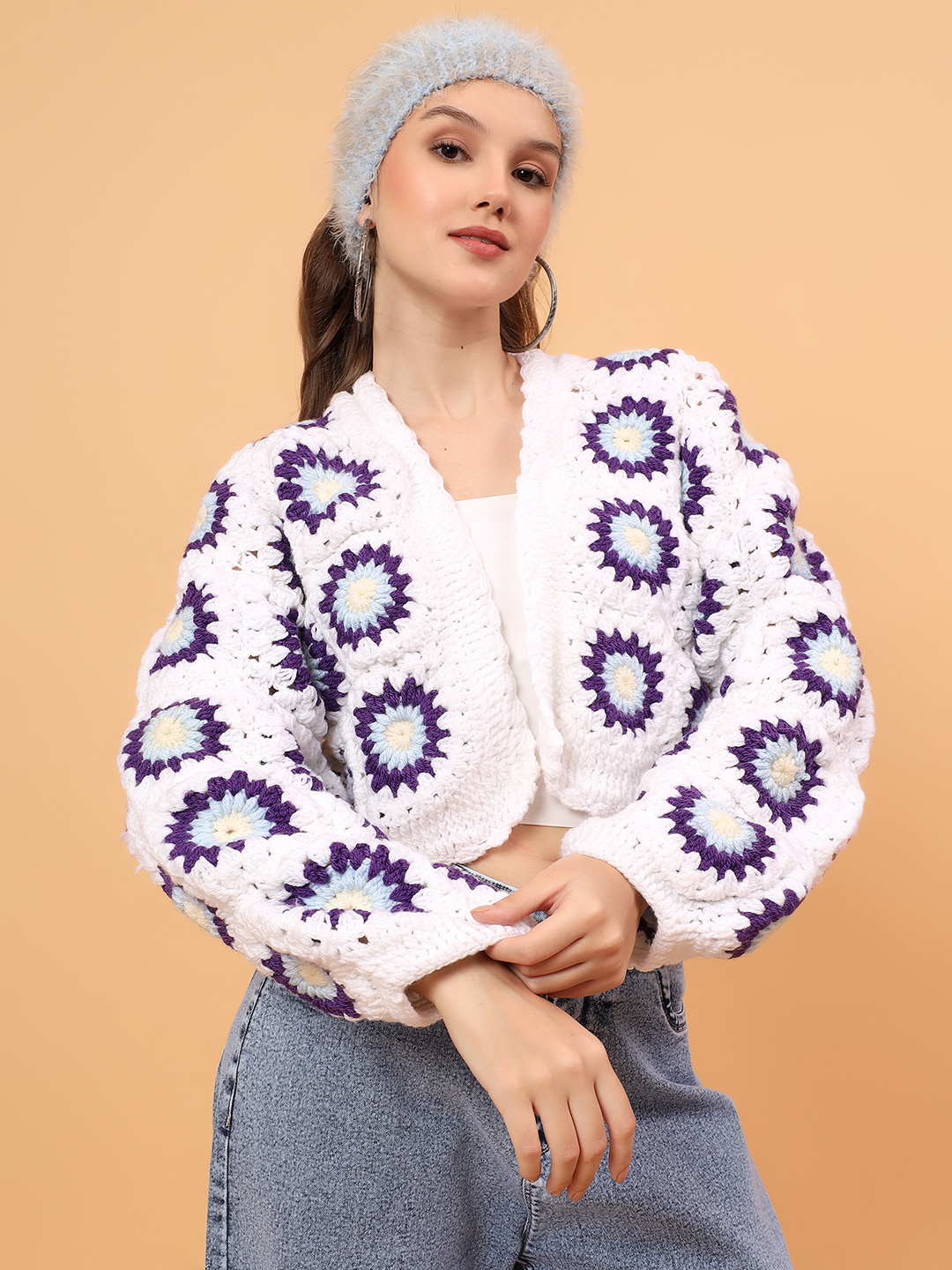 Velvery Crochet Granny Sqaure Cardigan - White