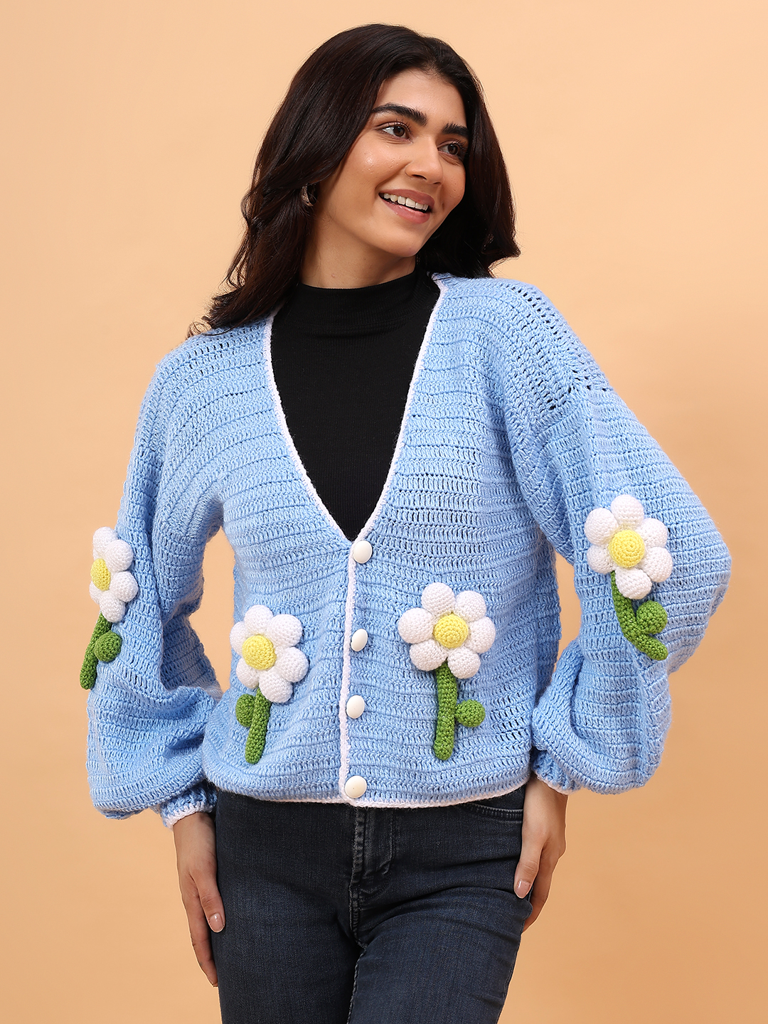 Velvery Crochet Floral Applique Cardigan - Sky Blue