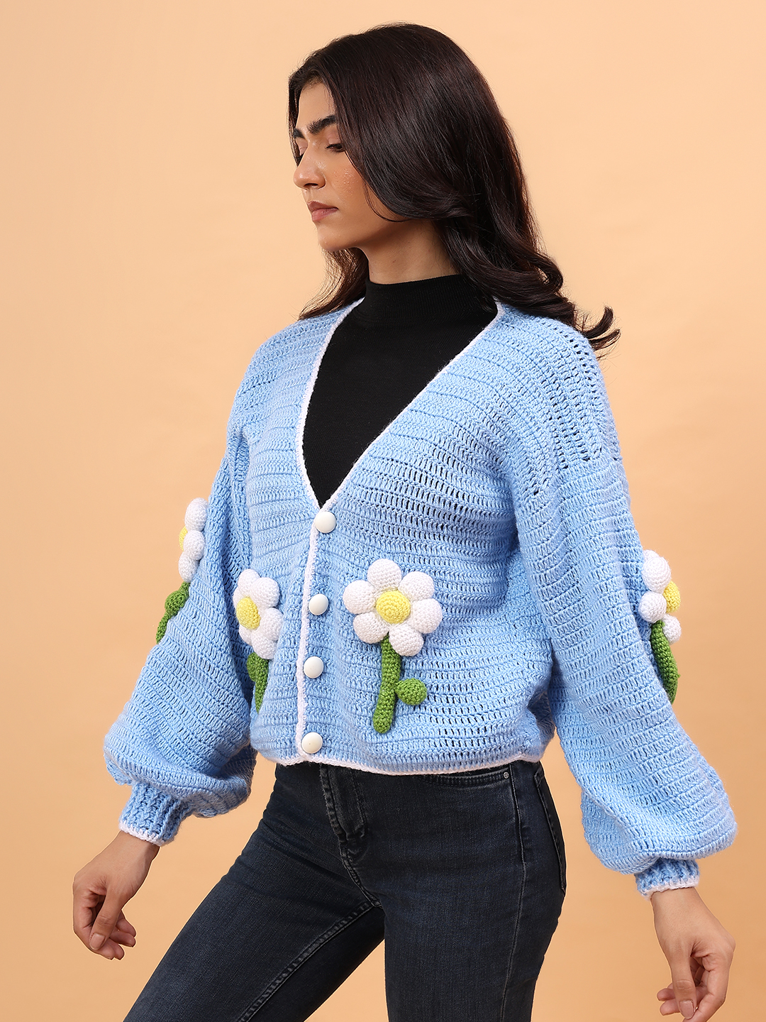 Velvery Crochet Floral Applique Cardigan - Sky Blue