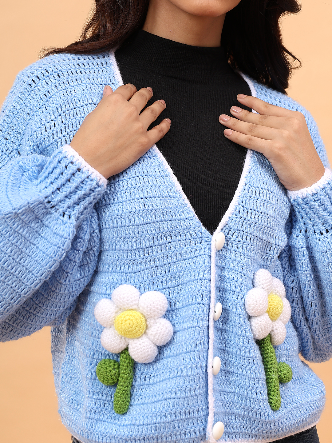 Velvery Crochet Floral Applique Cardigan - Sky Blue