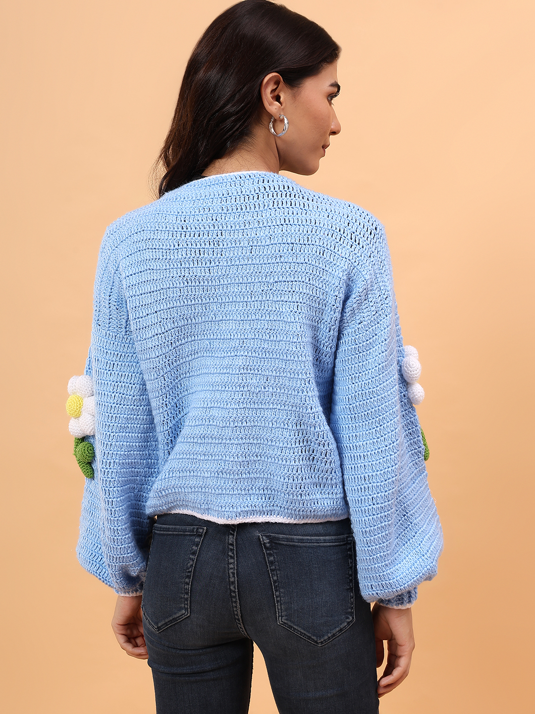 Velvery Crochet Floral Applique Cardigan - Sky Blue