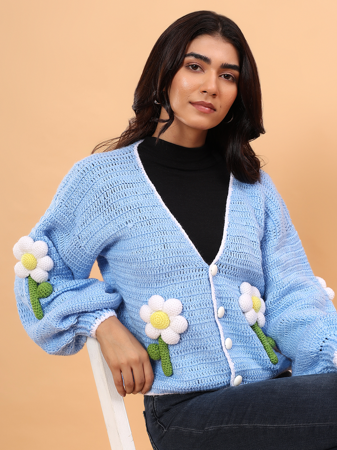 Velvery Crochet Floral Applique Cardigan - Sky Blue