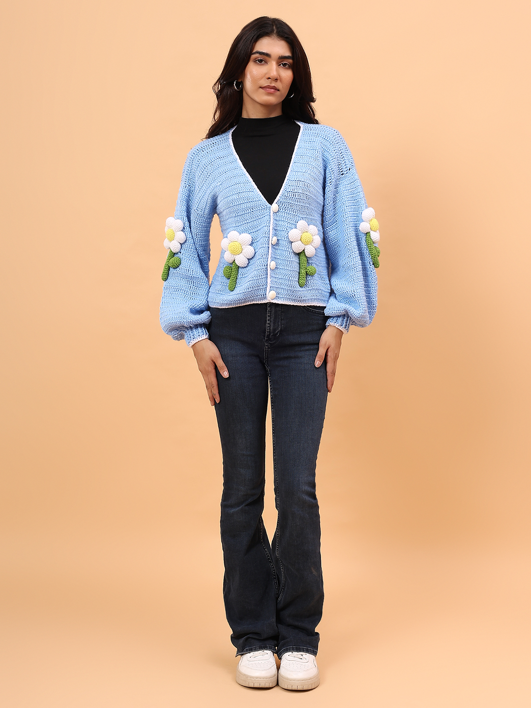 Velvery Crochet Floral Applique Cardigan - Sky Blue