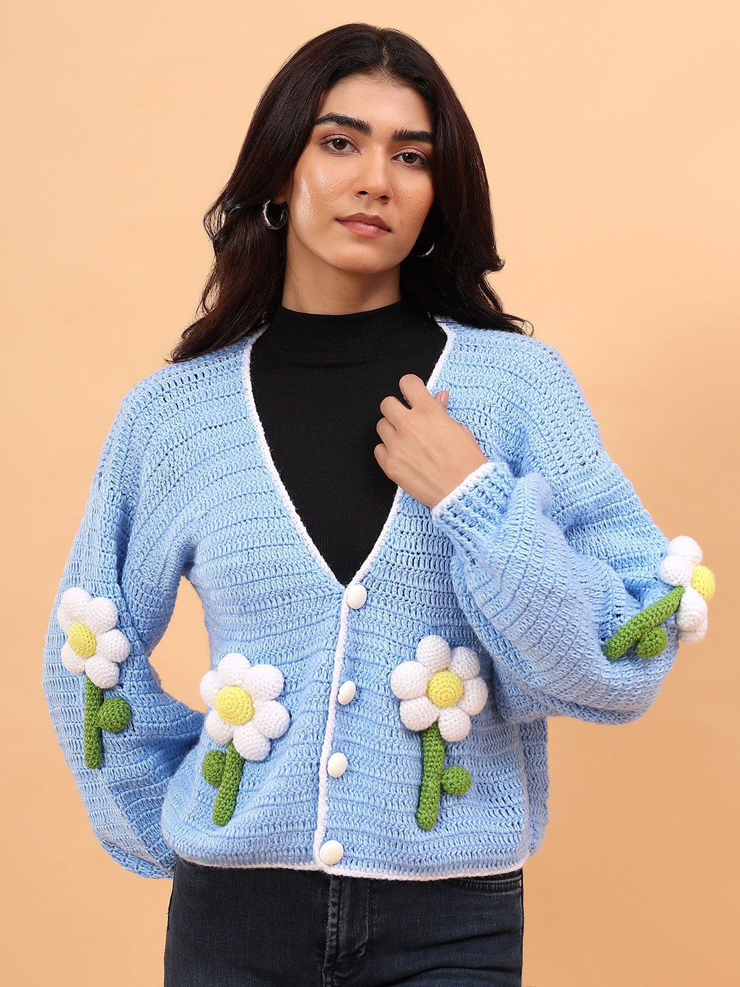 Velvery Crochet Floral Applique Cardigan - Sky Blue