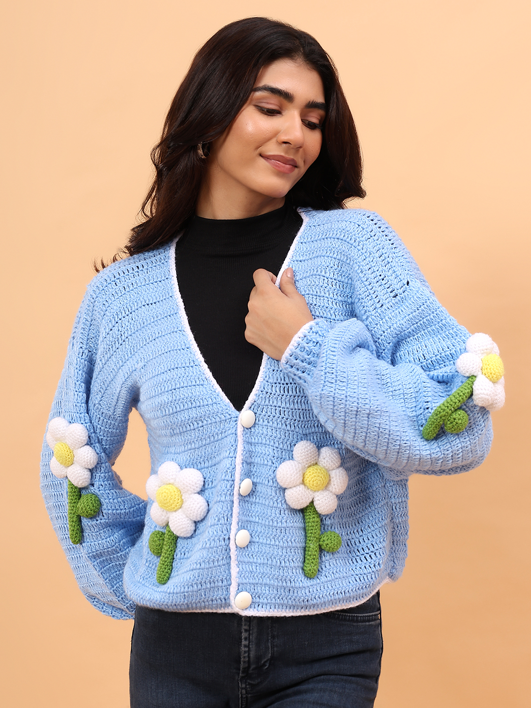 Velvery Crochet Floral Applique Cardigan - Sky Blue
