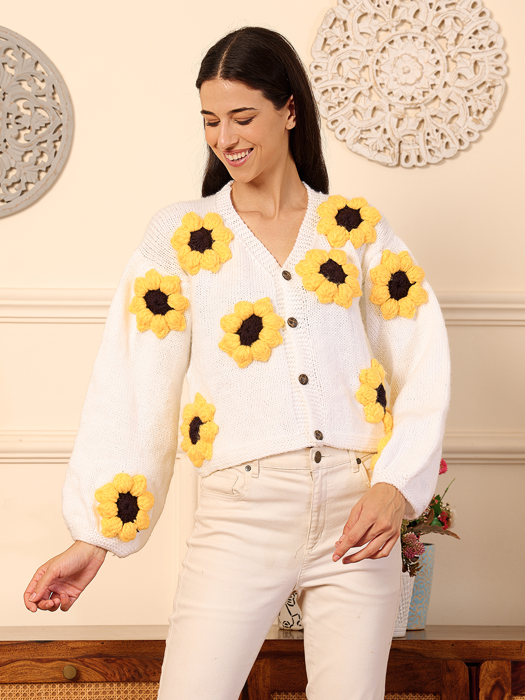 Velvery Sunflower Cardigan - White
