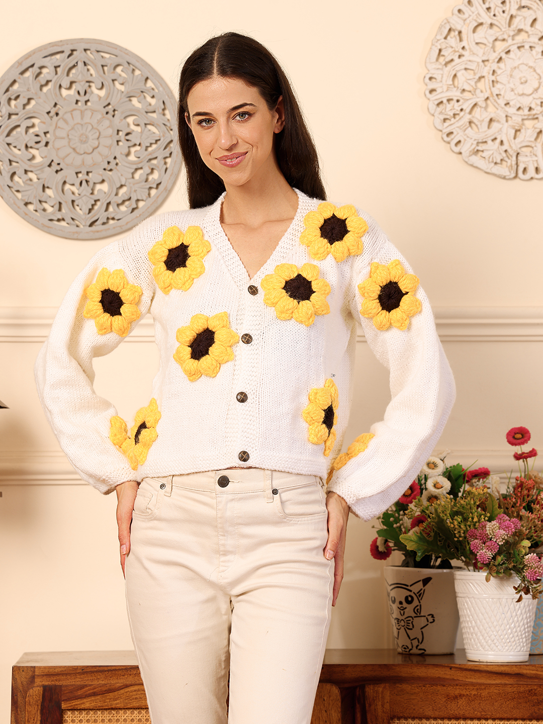 Velvery Sunflower Cardigan - White