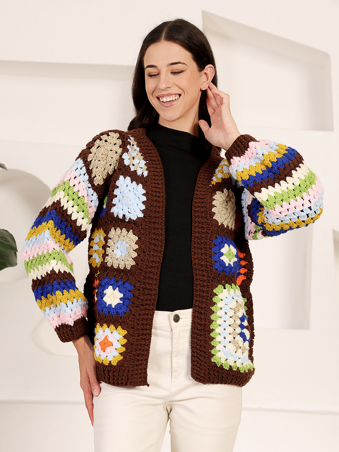 Velvery Crochet Granny Square Front Openable Cardigan - Brown